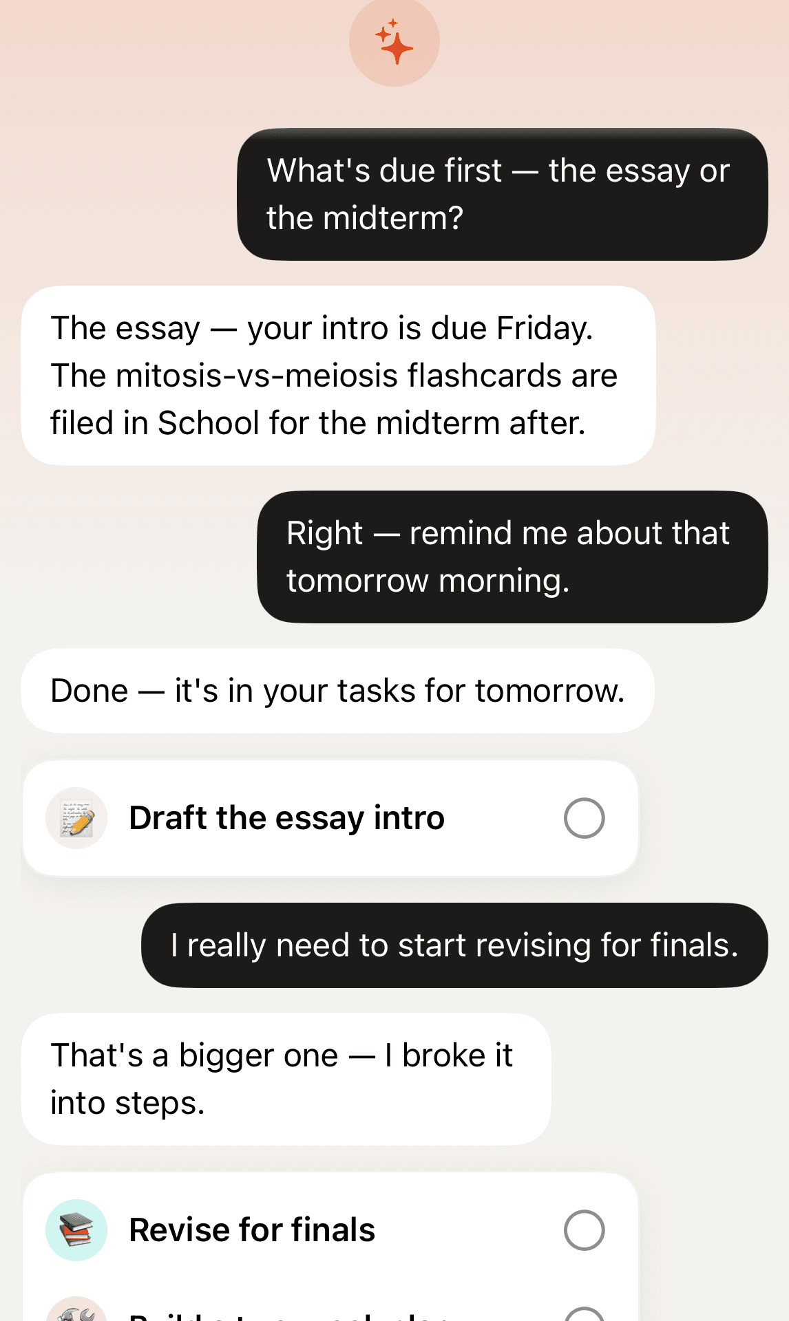 Ask anything — Answers from your own notes, turned into tasks.